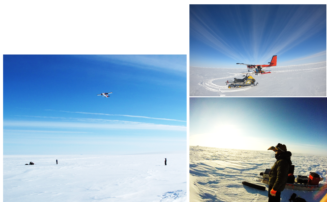 Three scenes of team on Meighen Ice Cap, Twin Otter plane arrives. Beautiful vistas.